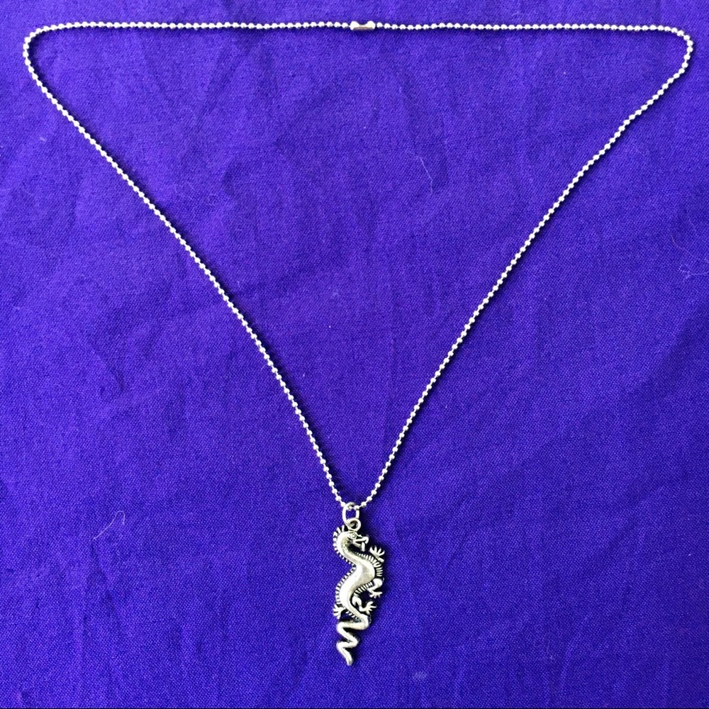 Silver Dragon Serpent Charmed Ball Chain Necklace